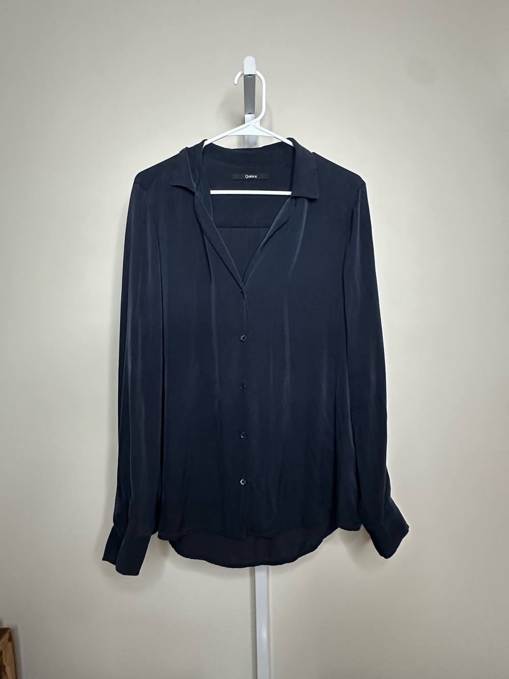 Quince Navy Button-Up Silk-Like Blouse
